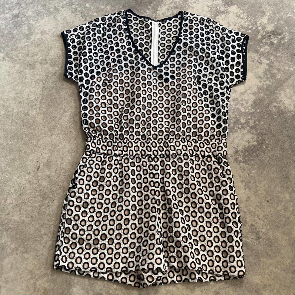 J Crew Romper Womens Size 10 Punched Out Eyelet V Neck Short Sleeve Pockets